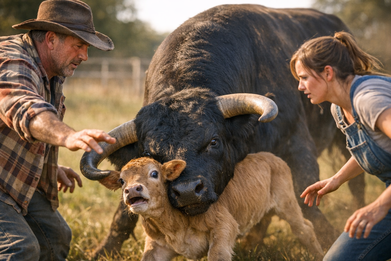 Farmers' Quick Thinking Saves Calf from Bull's Deadly Horns